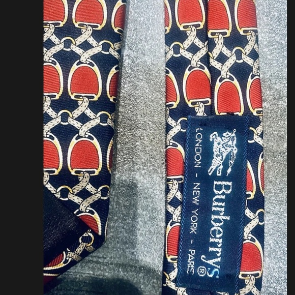 Vintage Burberrys 100% Silk Men’s Tie Equestrian  Navy Blue Red - Picture 1 of 5